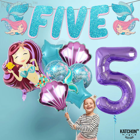 KatchOn Shiny Mermaid 5th Birthday Decorations - Pack of 9 | Mermaid Balloons, Banners, Party Decorations...