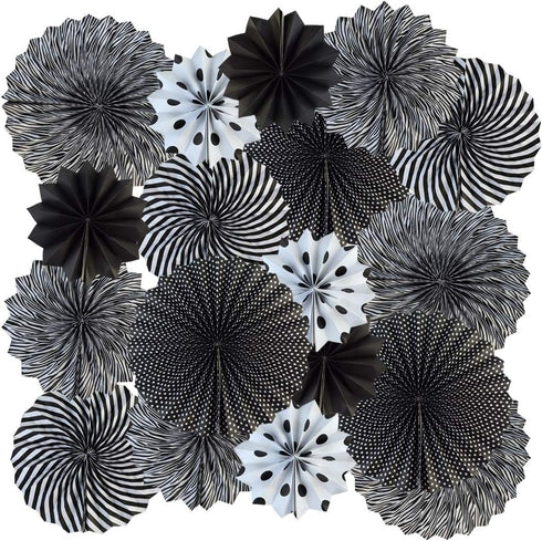 18pcs Party Hanging Paper Fans Set Black White Round Paper Fans Decorative Pattern Folding Fan Halloween Hanging Garlands for Halloween Birthday W...