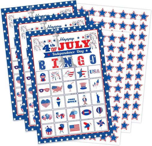 32Players 4th of July Bingo Game – Patriotic Bingo Cards for Kids Adults Independence Day Party Supplies with 24 Caller Chips...