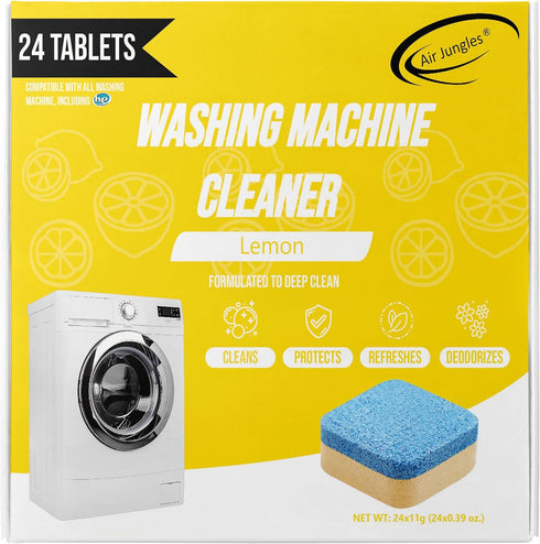 Air Jungles Washing Machine Cleaner Tablets 24 Count, Lemon Scent, Deep Cleaning, Dirt Remover, Clean Laundry Washer Drum and Tub, Compatible with...