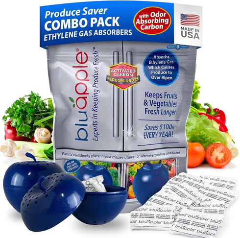 Bluapple Produce Saver Ethylene Gas Absorber 1 Year Combo Pack with Activated Carbon - 2 Bluapples + 8 Packets (13 grams each) Vegetable & Fruit F...