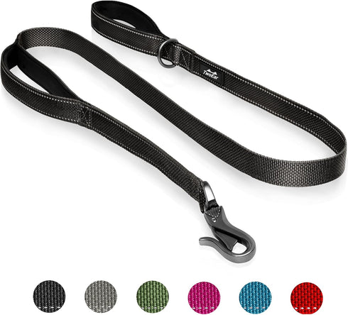 TwoEar 5FT 1IN Strong Black Dog Leash with 2 Padded Handles, Traffic Handle Extra Control, Comfortable Soft Dual Handle, Auto Lock Hook, Reflectiv...