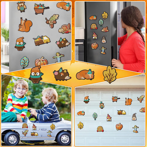Copkim 16 Pcs 5 D Diamond Painting Magnets Kit Fall Theme Thanksgiving Gnome Decoration Diamond Painting Refrigerator Magnets Fridge Stickers Supp...