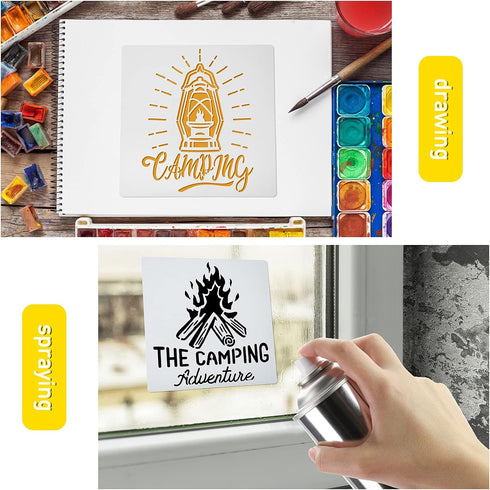 9 Pcs Stencils for Camping Paintings 8 x 8 Inches Reusable Camping Stencils for Journaling Painting DIY T-Shirt Bucket Bag Pillow Cases Crafts Cak...