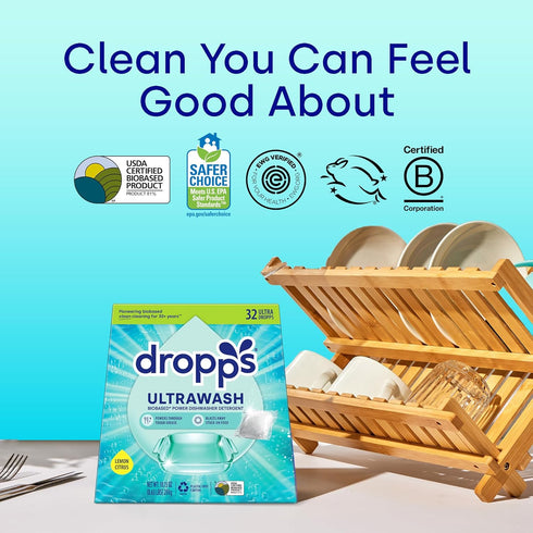 Dropps UltraWash Dishwasher Pods, Lemon Citrus (32 Count) - Biobased Power Deep Clean Dishwasher Detergent Tablets for Sparkling Shiny Dishes - No...