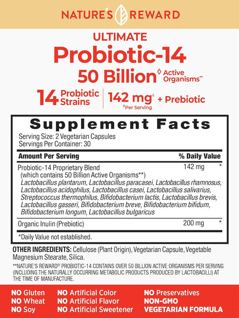 Nature's Reward Probiotics with Prebiotics - 120 Capsules - 142 mg - 50 Billion Active Organisms - Vegetarian, Non-GMO & Gluten Free Supplement...