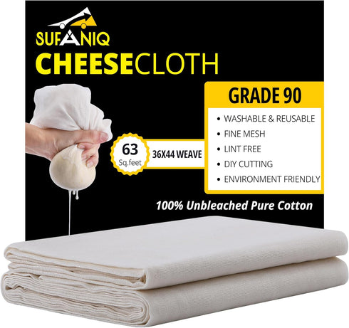 Sufaniq Cheese Cloths, Grade 90 (63 Sq Feet) 100% Pure Cotton Reusable Cheesecloth, Unbleached Ultra Fine Fabric, Cheesecloth for Straining, Premi...