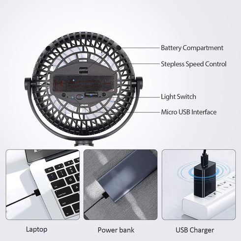 Battery Operated Clip on Fan, Portable Rechargeable USB Personal Fan 3 In 1 with hook and LED for camping, stroller, car seat, office...