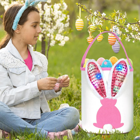 Easter Bunny Baskets with Lights for Baby Girls,Large Pink Kids Easter Bucket Tote with Light up Rabbit Ears for Spring Egg Hunts Party Storage...