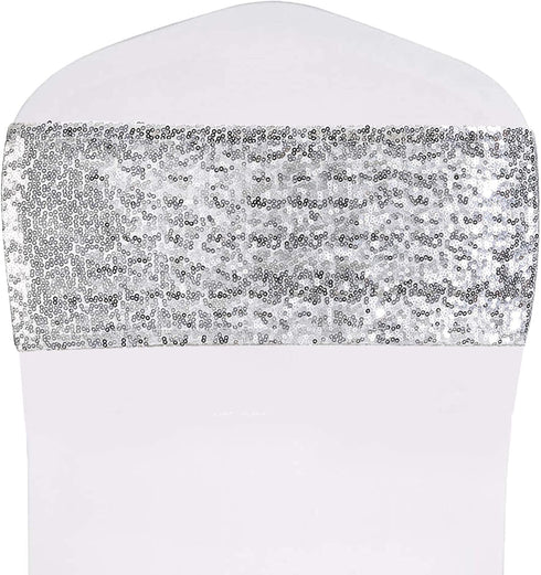 SquarePie Pack of 10 Sequin Chair Sashes Silver Sparkling Bands Decorative Bows for Wedding Banquet Party Event Decor...