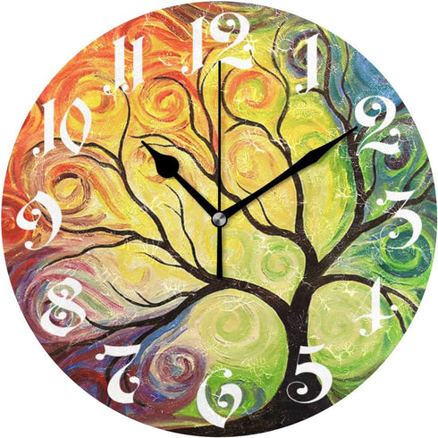 Wamika Wall Clock Tree of Life Rainbow Branch Leaves Seasonal Flowers Round Clock Silent Non Ticking Decorative, Spring Summer Autumn Floral Clock...