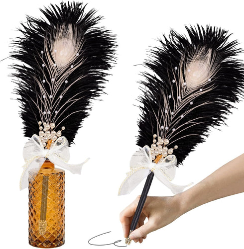 CROWN GUIDE Ostrich Feather Quill Ballpoint Pen for Wedding Guest Book Signing Reception Bridal Shower 50th Anniversary, Fancy Nikkah Pen for Brid...