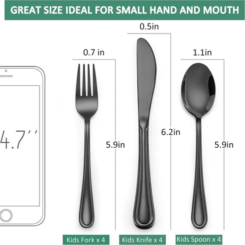 LIANYU 12-Piece Black Kids Silverware Set, Stainless Steel Toddler Utensils Flatware Set, Child Cutlery Tableware Set for 4, Include knife Fork Sp...
