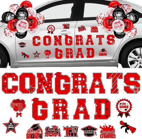 45pcs 2024 Graduation Car Magnets Balloons Decorations Red and Black Grad 2024 Graduation Fridge Magnets Car Garage Door Magnetic Stickers Class o...