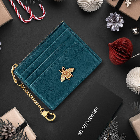 SEAVILIA Teal Card Holder Keychain Wallet for Women/Men with ID Window Rfid Small Bee Slim Minimalist Wallet...