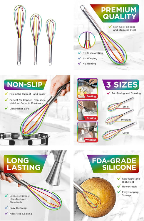 Silicone Whisk Set - Non-Scratch Set of 3 - Mini & Small Sizes - Stainless Steel Whisk - Cookware Wisking Tool...