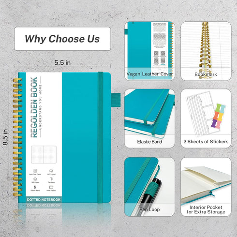 Regolden-Book Spiral Ruled Notebook, Ruled Lined Hardcover Journal for Note Taking (Teal, Dotted)...