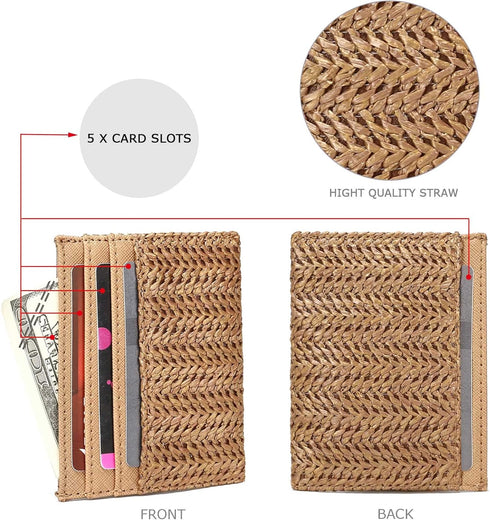 YIKOEE Straw Bag and Card Holder Set for Women Summer Beach Purse Woven Bag With PomPom...