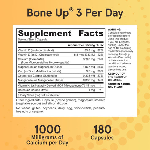 Jarrow Formulas BoneUp Three Per Day For Bone Support and Skeletal Nutrition, Includes Vitamin D3, K2 (as MK-7) and 1000 mg of Calcium Per Day, 18...
