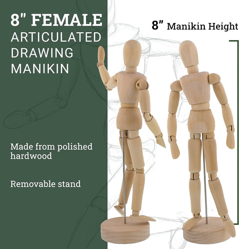 US Art Supply® Wood 8" Female - Artist Drawing Manikin Articulated Mannequin with Base and Flexible Body - Perfect for Drawing The Human Figure (8...