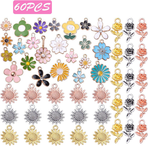 60pcs Mixed Enamel Flower Charms Alloy Sunflower Rose Flower Pendants Sweet Dangle Charms Jewelry Making Accessories for DIY Necklace Bracelet Ear...