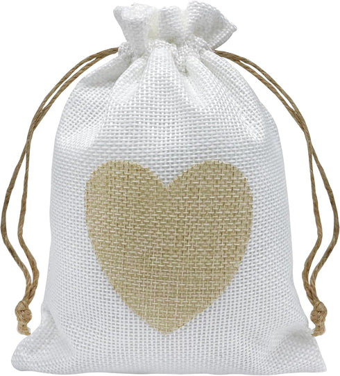 Jexila 24PCS Burlap Drawstring Gift Bags 5X7 Inches Heart Print Linen Burlap Jewelry Gift Bags Fabric Cloth Candy Goodie Pouches for Wedding Showe...