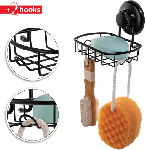 Suction Soap Dish with Hooks - Super Powerful Vacuum Suction Cup Shower Soap Holder - Rustproof Stainless Steel SS304 Soap Basket - Sponge Holder ...