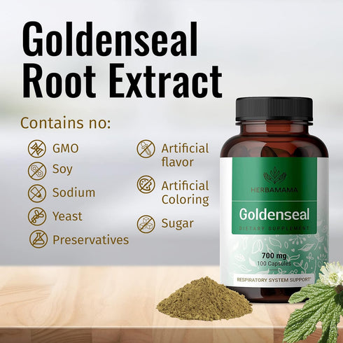 HERBAMAMA Goldenseal Root Capsule Supplement - Organic Goldenseal Herb Powder Pills - Respiratory & Digestive Health Support - 100 Capsules...