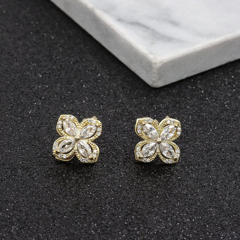 YOQUCOL Cubic Zirconia Crystal Rotatable Flower Shaped Golden Clip On Earrings Non Pierced Golden Stud for Women...