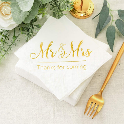 Crisky Napkins Mr and Mrs Gold Cocktail Beverage Dessert for Wedding Shower Engagement Party Decorations, Cake Table Decor Supplies. 100 Pcs, 3-Pl...