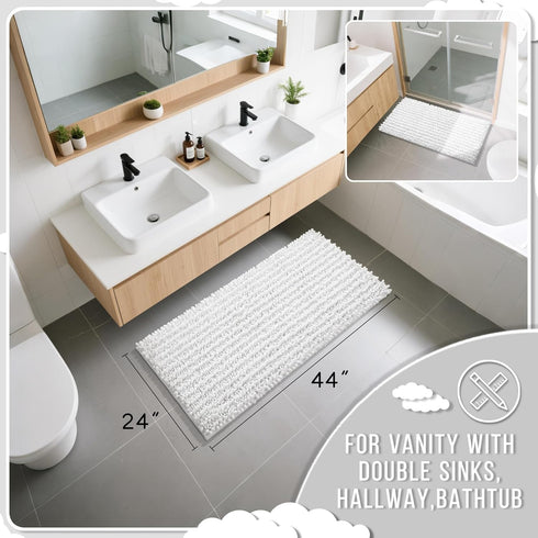 Yimobra Long Bathroom Rugs Non Slip Washable 44x24 Inch - Ultra Soft Absorbent Chenille Bath Mat, Quick Dry Shaggy Floor Carpet for Tub Shower, Wh...