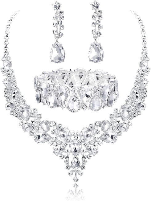 Udalyn Crystal Bridal Jewelry Sets for Women Necklace Earrings Bracelet Set for Wedding Rhinestone Bridesmaid Choices fit with Wedding Dress...