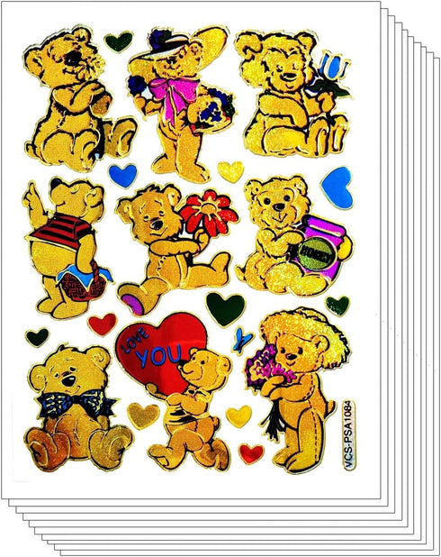Stickers Pack 10 Sheets Lovely Gold Teddy Bear Red Hearts Valentine Cartoon Stickers Craft Scrapbooking Book Album Card Diary Calendars Planner De...