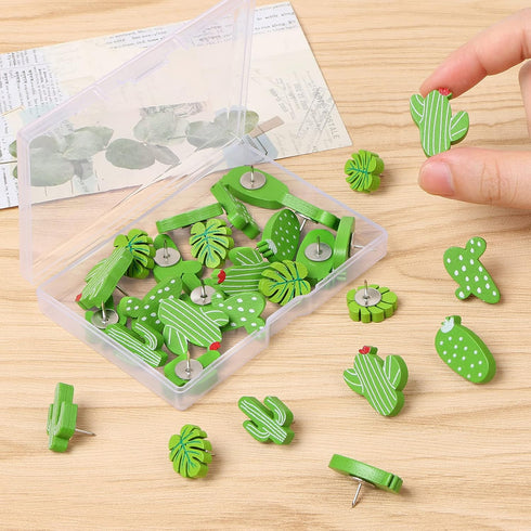 30 Pcs Cactus Push Pins, Wooden Cactus Plants Push Pins Decorative Cute Leaf Thumb Tacks Cork Board Thumbtacks for Bulletin Board Photos Wall Pins...