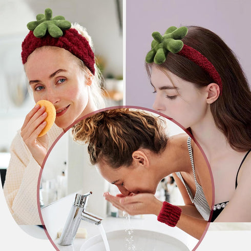 Ivyu Spa Skincare Headbands& Wristband Set?Cute Strawberry Makeup Headband For Women Girls,Non Slip Sponge Headband?Skincare-Padded Soft Thick Ter...