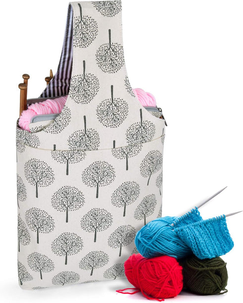 Teamoy Knitting Bag, Canvas Yarn Tote Project Bag for Knitting Needles, Yarn and Crochet Supplies, Perfect Size for Knitting on The Go, Tree...