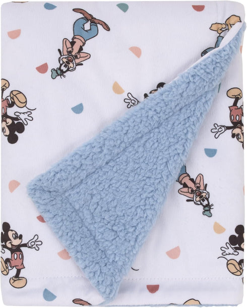 Disney Mickey Mouse Light Blue, White, and Tan Super Soft Sherpa Baby Blanket with Donald Duck, Goofy and Pluto...