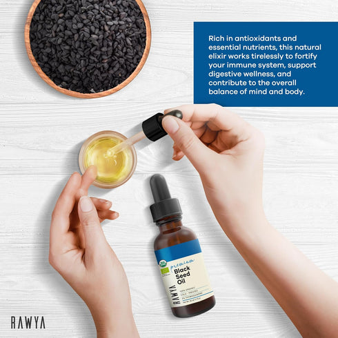 Black Seed Oil, Organic, 1.7 Fl Oz, RAWYA, Unrefined, Premium, High TQ, Cold Pressed, Glass Bottle, Nigella Sativa Oil, Non-GMO, Black Cumin Seed ...