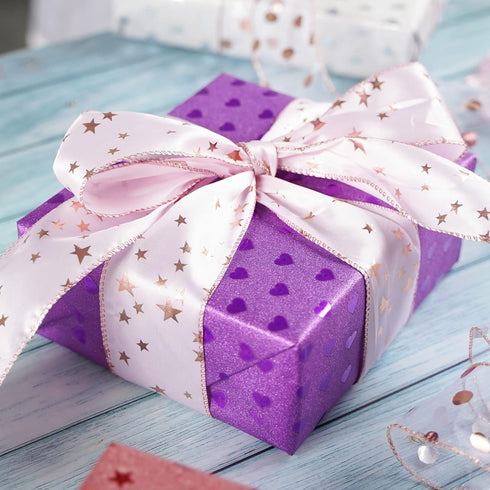 MEEDEE Star Wired Ribbon 2.5 Inch Rose Gold Star Ribbon Pink Ribbon with Stars Satin Wired Ribbon 25 Yards Roll Pink Wedding Ribbon Star Christmas...