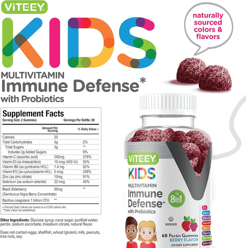 Kids Multivitamin Gummies with Probiotics - 8-1 Kids Vitamins for Immune Health Support with Vitamin C, D3, B12, B6, Zinc, Elderberry, Selenium - ...