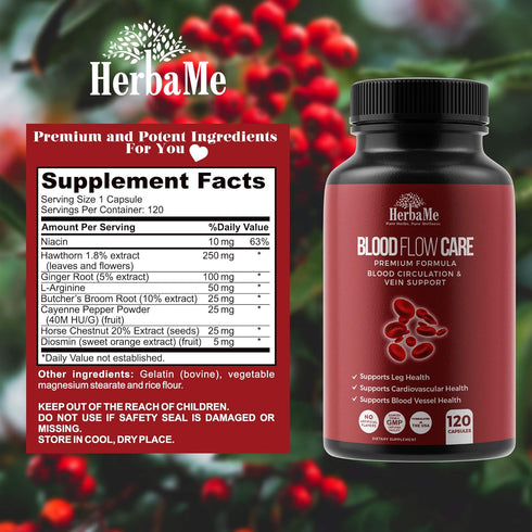 Blood Circulation Supplement, 120 Capsules, Supports Leg Vein, Heart, Vessels and Cardiovascular Health with Niacin, L-Arginine, Ginger, Cayenne P...