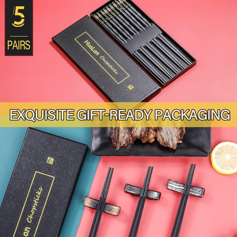 Fiberglass Chopsticks Series - Japanese Non-Slip Chopstick, Reusable Chop Sticks Dishwasher Safe, 5 Pairs, Gift Set, 9.9 Inches, Black...
