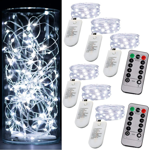 6 Pack Fairy Lights Battery Operated Mini String Lights with Timer 2PCS Remote 6.5ft 20LED Cool White Firefly Lights Waterproof Silver Wire Twinkl...