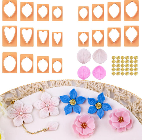 Puocaon Petal Polymer Clay Cutters - 20 Pcs Petal Clay Cutters for Polymer Clay Earrings, 30 Pcs Pistil Brass Charms 4 Petal Texture Clay Molds fo...