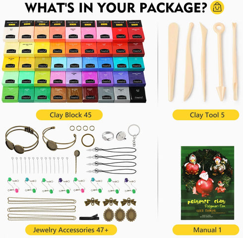 Magicfly Polymer Clay Starter Kit, 45 Colors Oven Bake Clay with 5 Modeling Tools and 40 Jewelry Accessories, Safe and Nontoxic DIY Baking Clay Bl...
