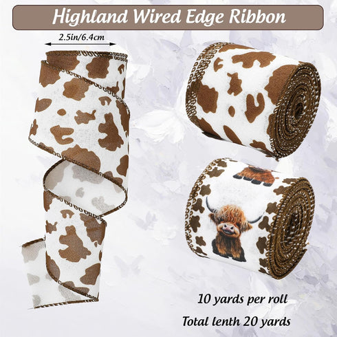 Highland Cow Wired Edge Ribbon Cow Print Craft Ribbon White Brown Fabric Ribbon for Wreath Bow Making DIY Crafts Wrapping Party Decor Supplies, 2 ...