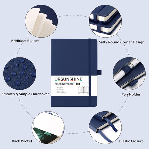 Ruled Notebook/Journal - Classic Lined Journal/Notebook, 5.3'' x 8.26'', Hardcover with Thick Paper, Banded + Pen Holder +Inner Pocket - Dark Blue...