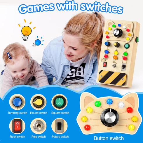 POLKRANE Toddler Montessori Travel Toys - Wooden Busy Board with LED Light,Switch Toy for Baby Sensory Play, Educational & Learning Toys for Kids ...