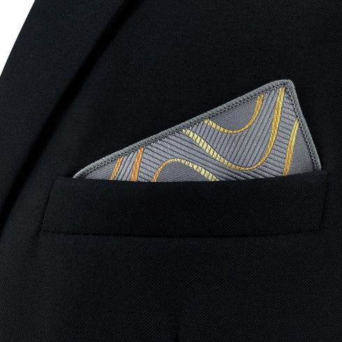 S&W SHLAX&WING Mens Pocket Square Grey with Yellow Golden Geometric Wedding...