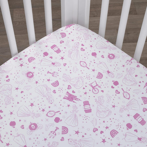 NoJo Disney Princess - Dare to Dream White & Pink Castle, Hearts & Stars Fitted Crib Sheet, Pink, White...